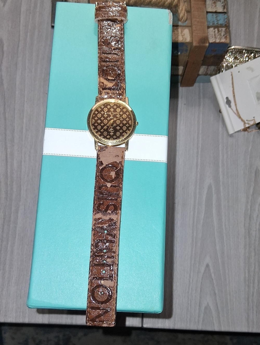 Monogram Brown Leather Strap Watch with Gold Face
